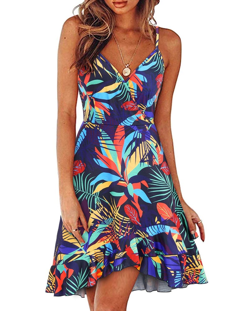 ULTRANICE Women's Summer Beach Dresses Casual Sundress Spring Trendy Floral Flowy Faux Wrap Midi Beach Vacation Outfits Clothes V-Neck Spaghetti Strap Dress(Blue Multicolored Floral,S) - Image 1